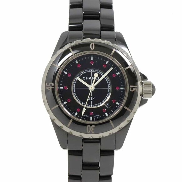 CHANEL J12 33mm H1634 12P Ruby Quartz Black Dial Ladies Watch 90286985 - Picture 1 of 7